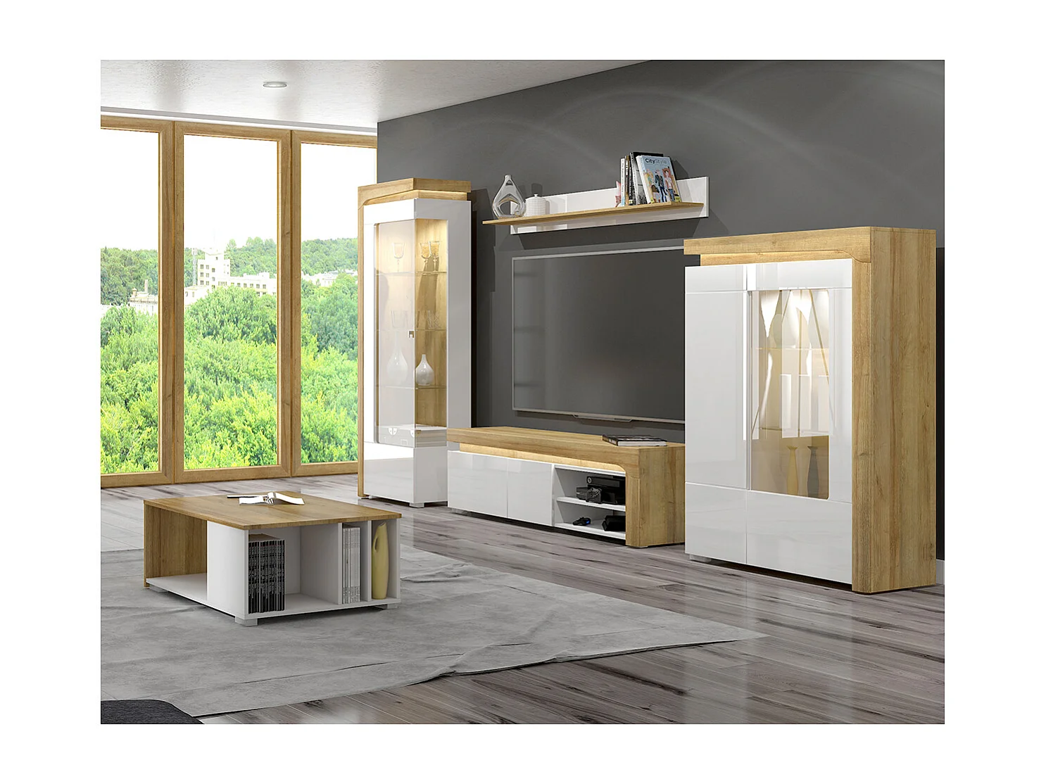 Vitrine 1 porte ouverture gauche LED inclus Teo Blanc et Bois