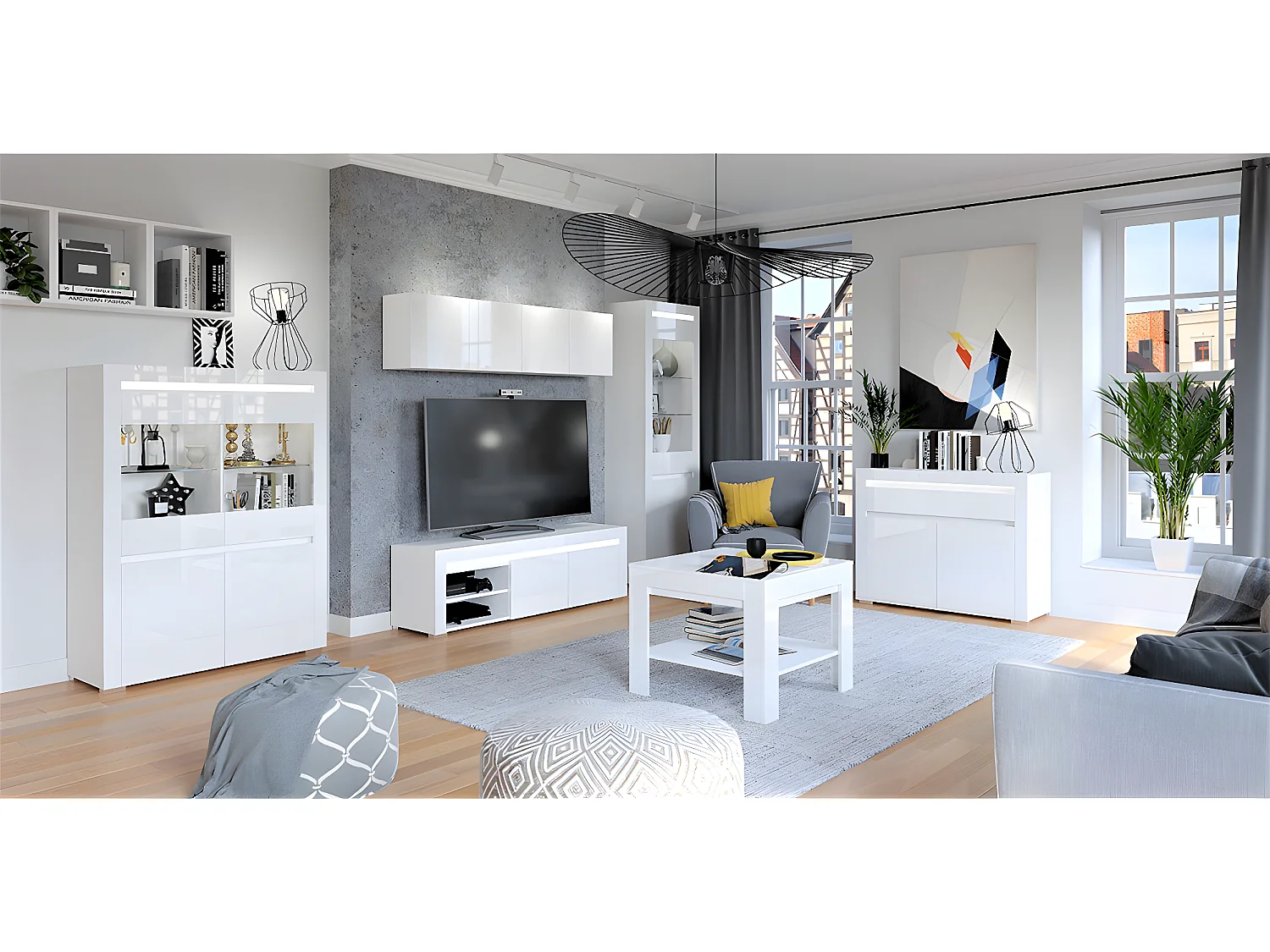 Meuble TV 2 portes 152 cm LED inclus Kasla Blanc