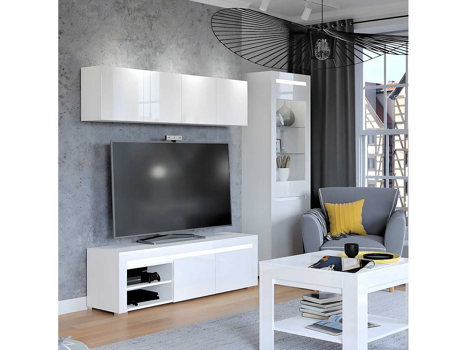 Meuble TV 2 portes 152 cm LED inclus Kasla Blanc