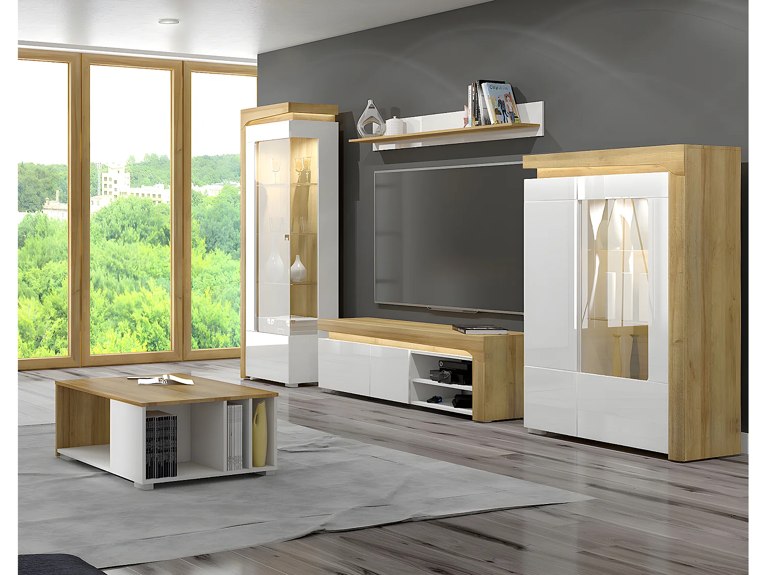 Meuble TV 1 porte 1 tiroir 159 cm LED inclus Teo Blanc et Bois