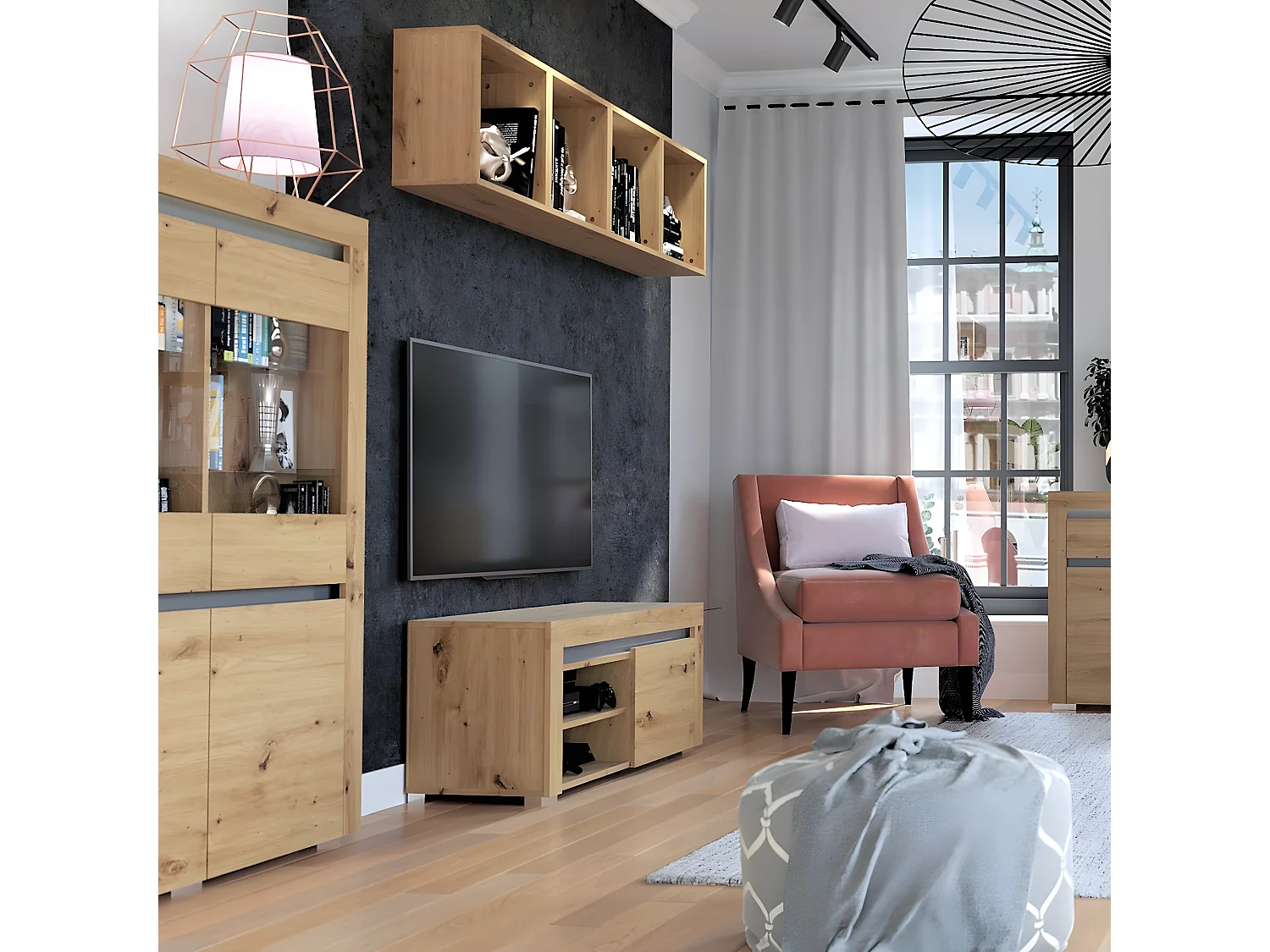 Meuble TV 1 porte 106 cm LED inclus Kasla Bois et Anthracite