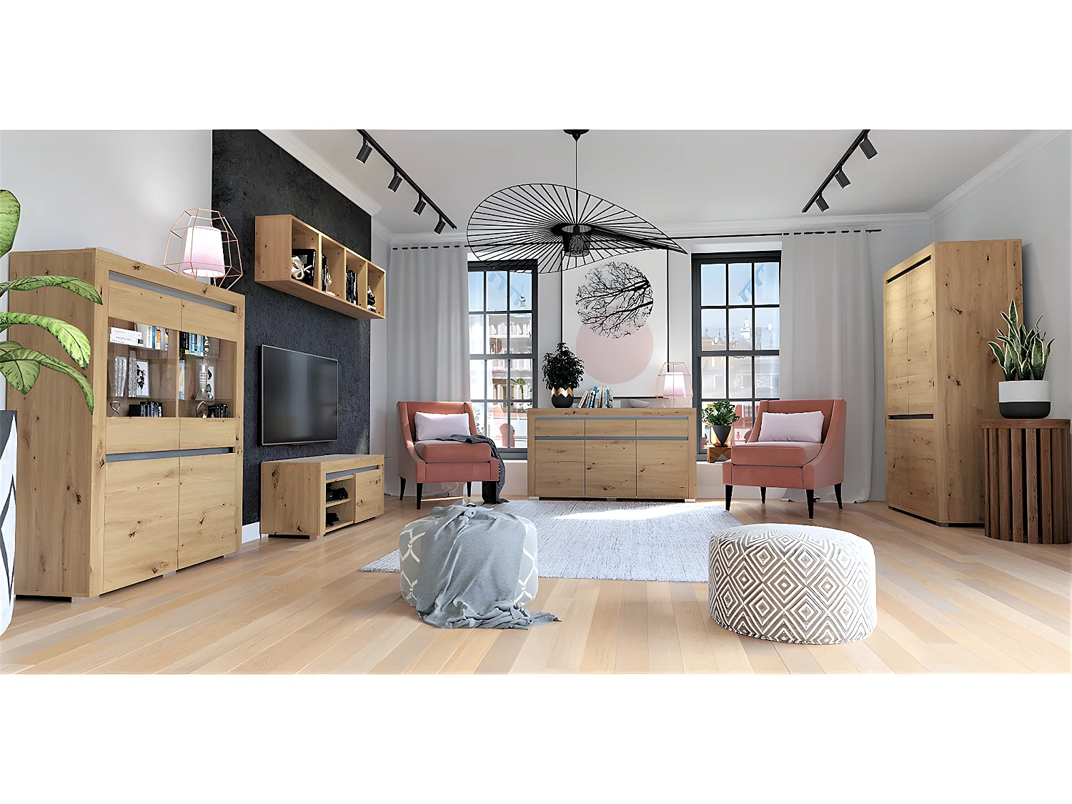 Meuble TV 1 porte 106 cm LED inclus Kasla Bois et Anthracite