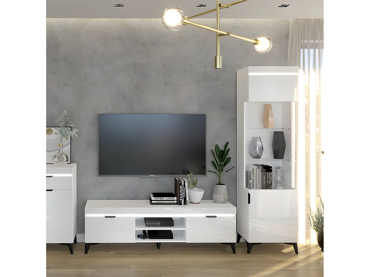 Meuble TV 2 portes 157 cm LED inclus Ruben Blanc