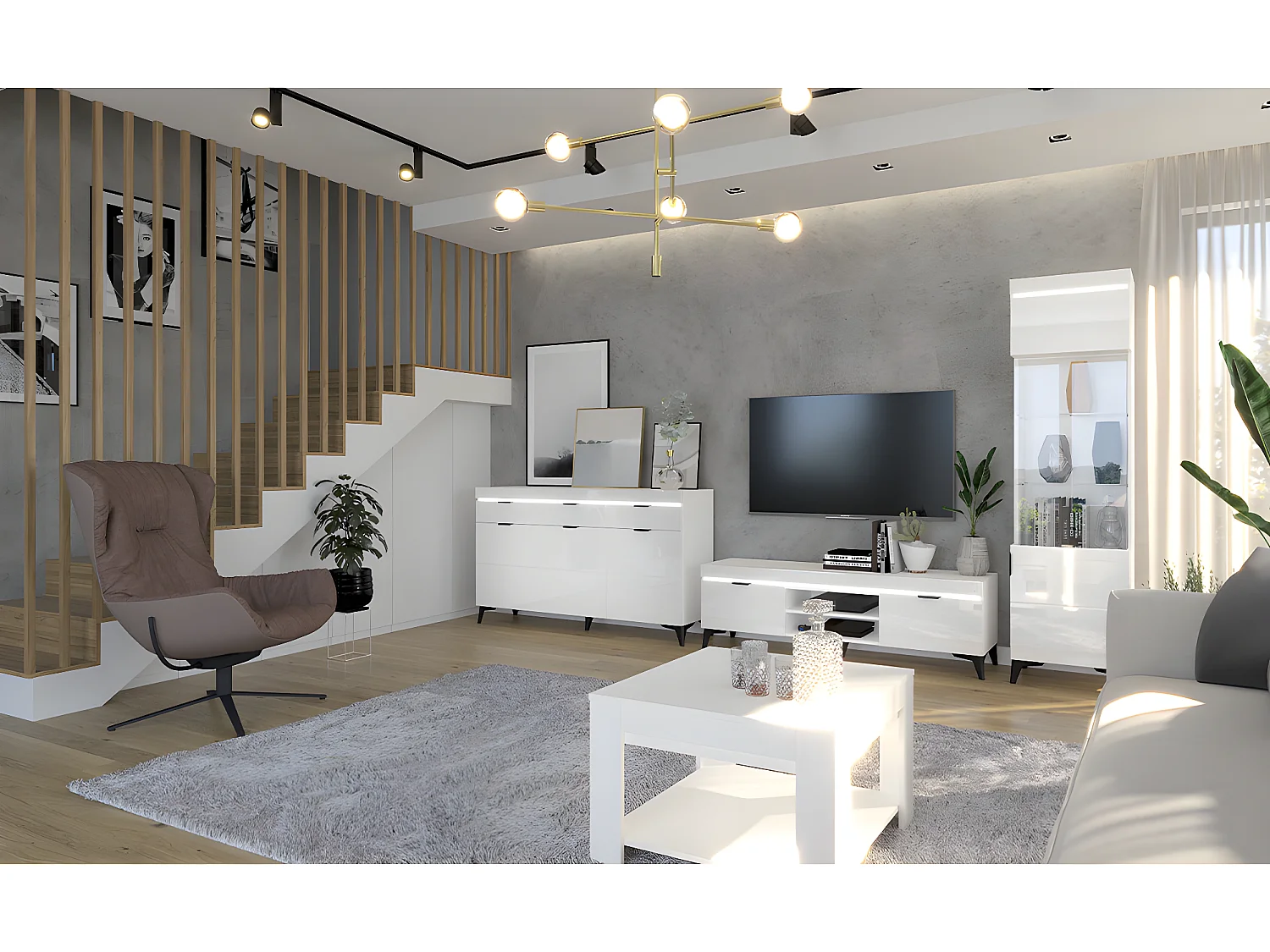 Meuble TV 2 portes 157 cm LED inclus Ruben Blanc