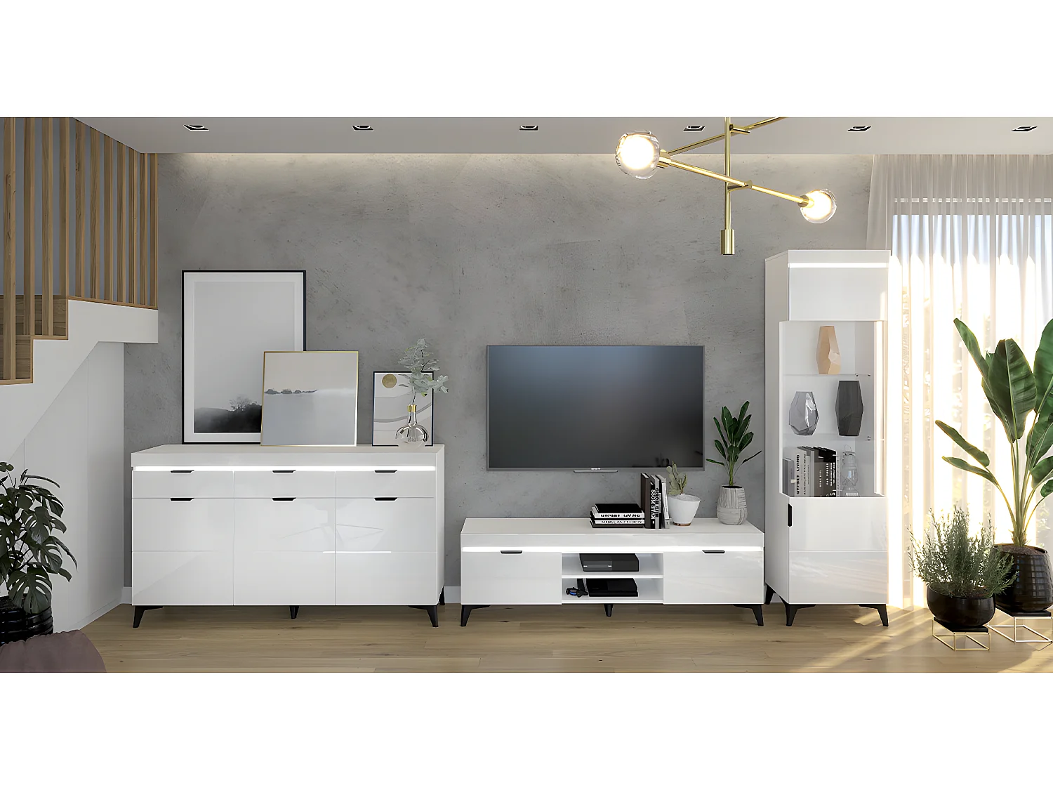 Meuble TV 2 portes 157 cm LED inclus Ruben Blanc