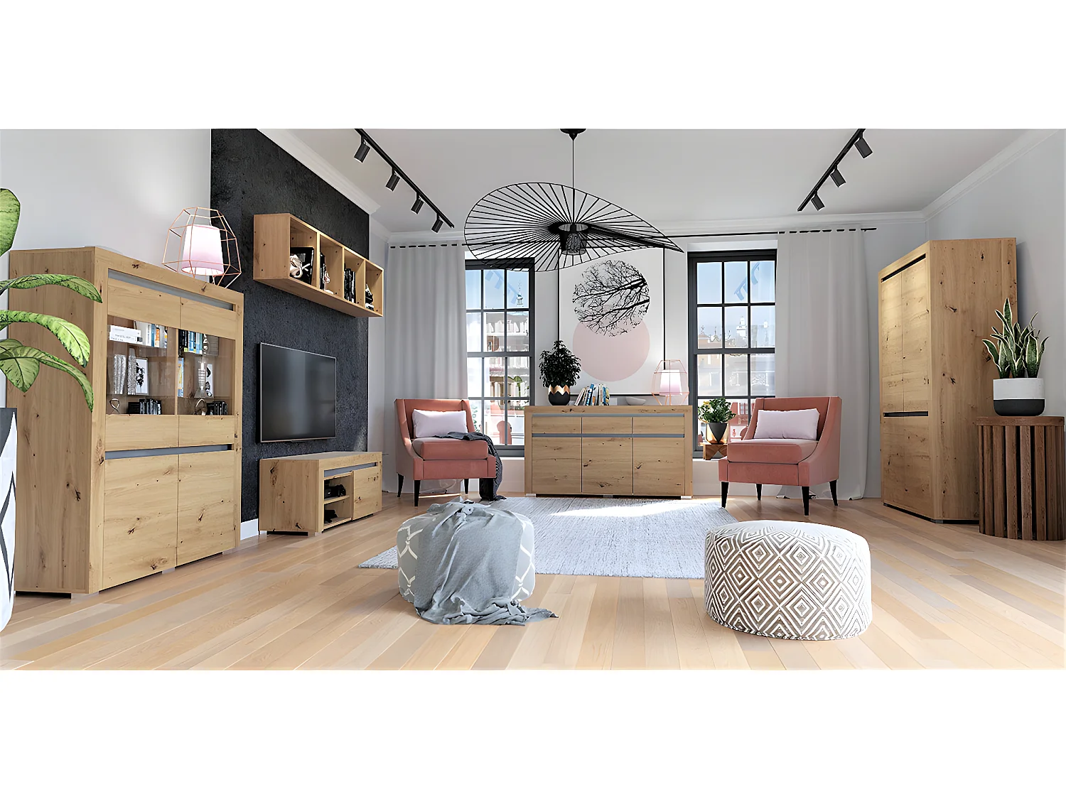 Meuble TV 2 portes 152 cm LED inclus Kasla Bois et Anthracite