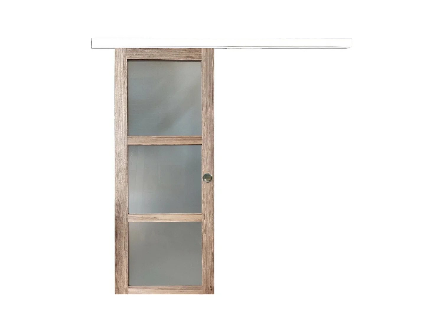 Porte Coulissante Bois Frake Vitree H204 X L73 + Rail Alu Bandeau Blanc Et Coquilles Gd Menuiseries