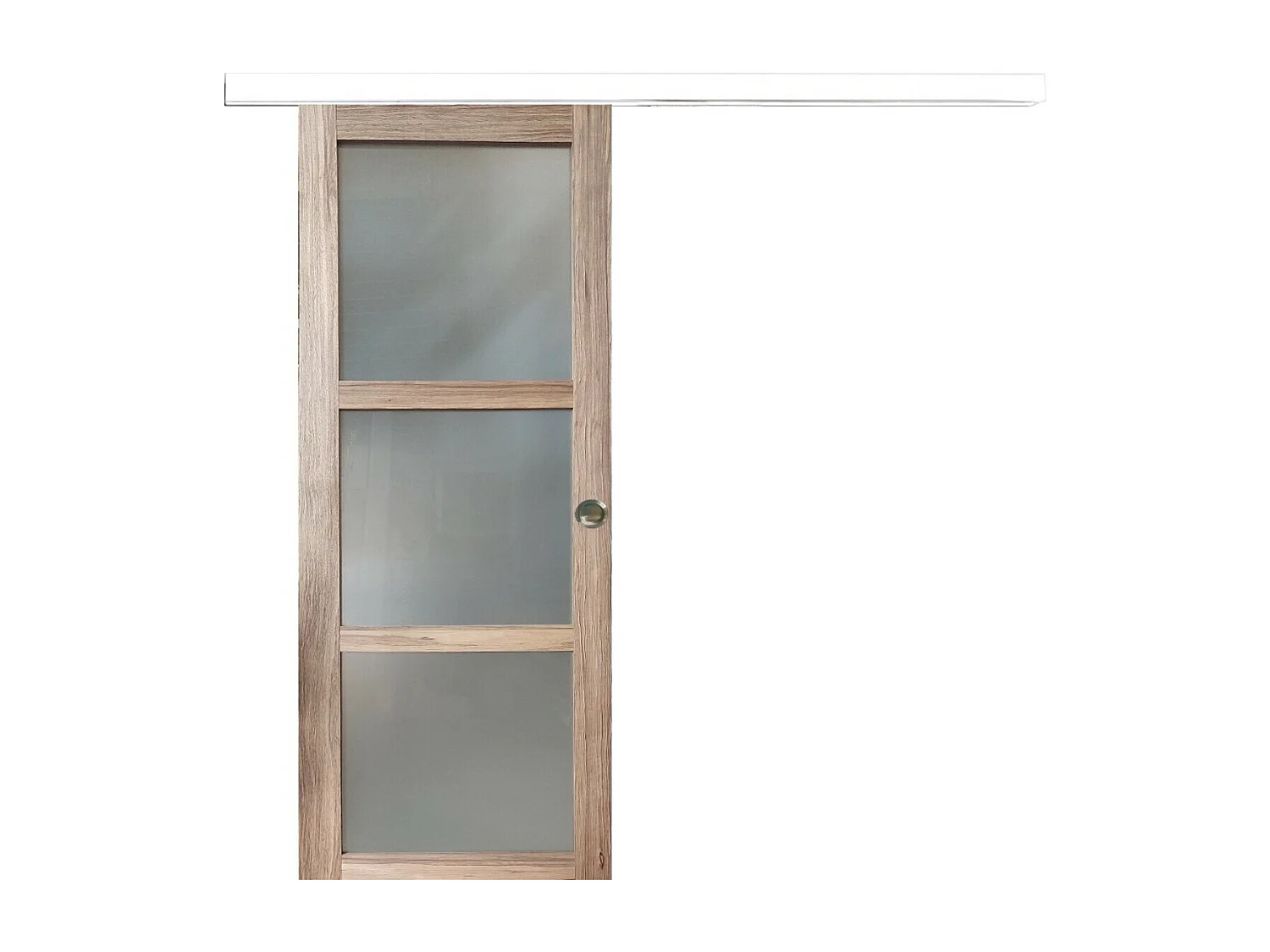 Porte Coulissante Bois Frake Vitree H204 X L73 + Rail Alu Bandeau Blanc Et Coquilles Gd Menuiseries
