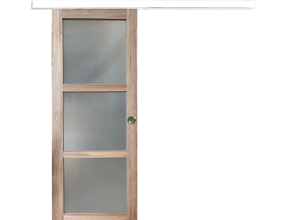 Porte Coulissante Bois Frake Vitrée H204 X L73 Cm, Rail Alu Bandeau Blanc, Coquilles Gd Menuiseries