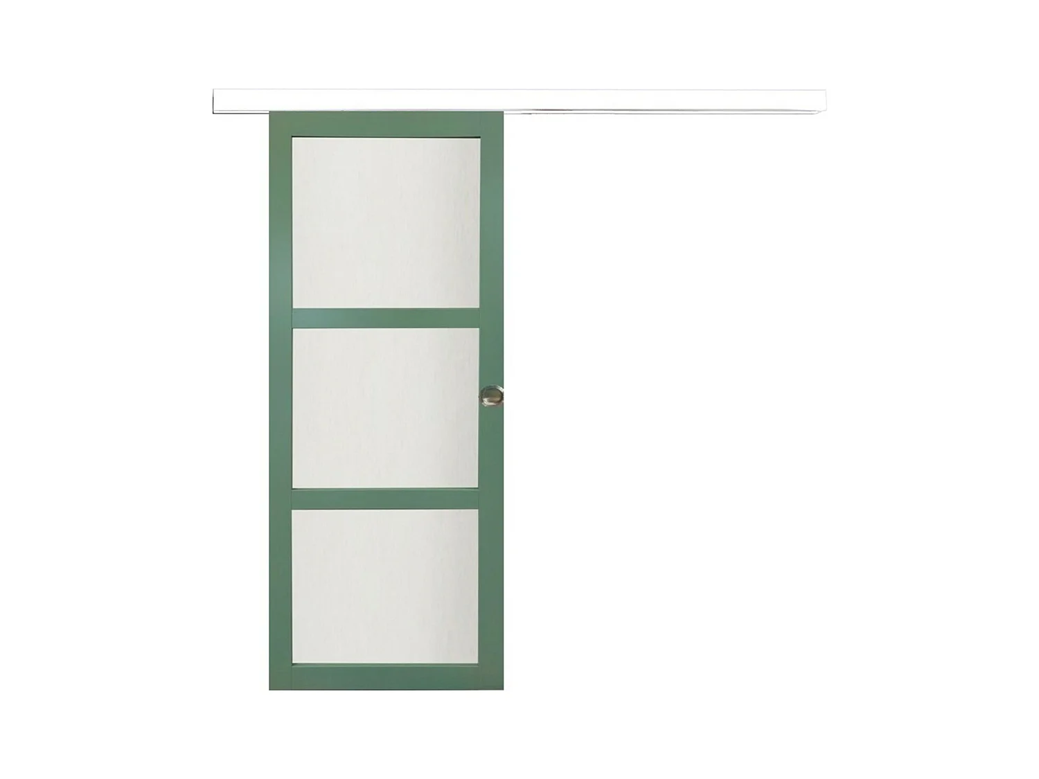 Porte Coulissante Vert Ral 6021 Vitree H204 X L83 + Rail Alu Bandeau Blanc Et Coquilles Gd Menuiseries