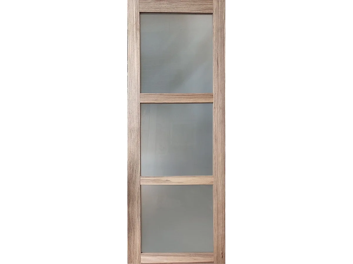 Porte Coulissante Bois Frake Vitree H204 X L83 + Rail Alu Bandeau Noir Et Coquilles Gd Menuiseries