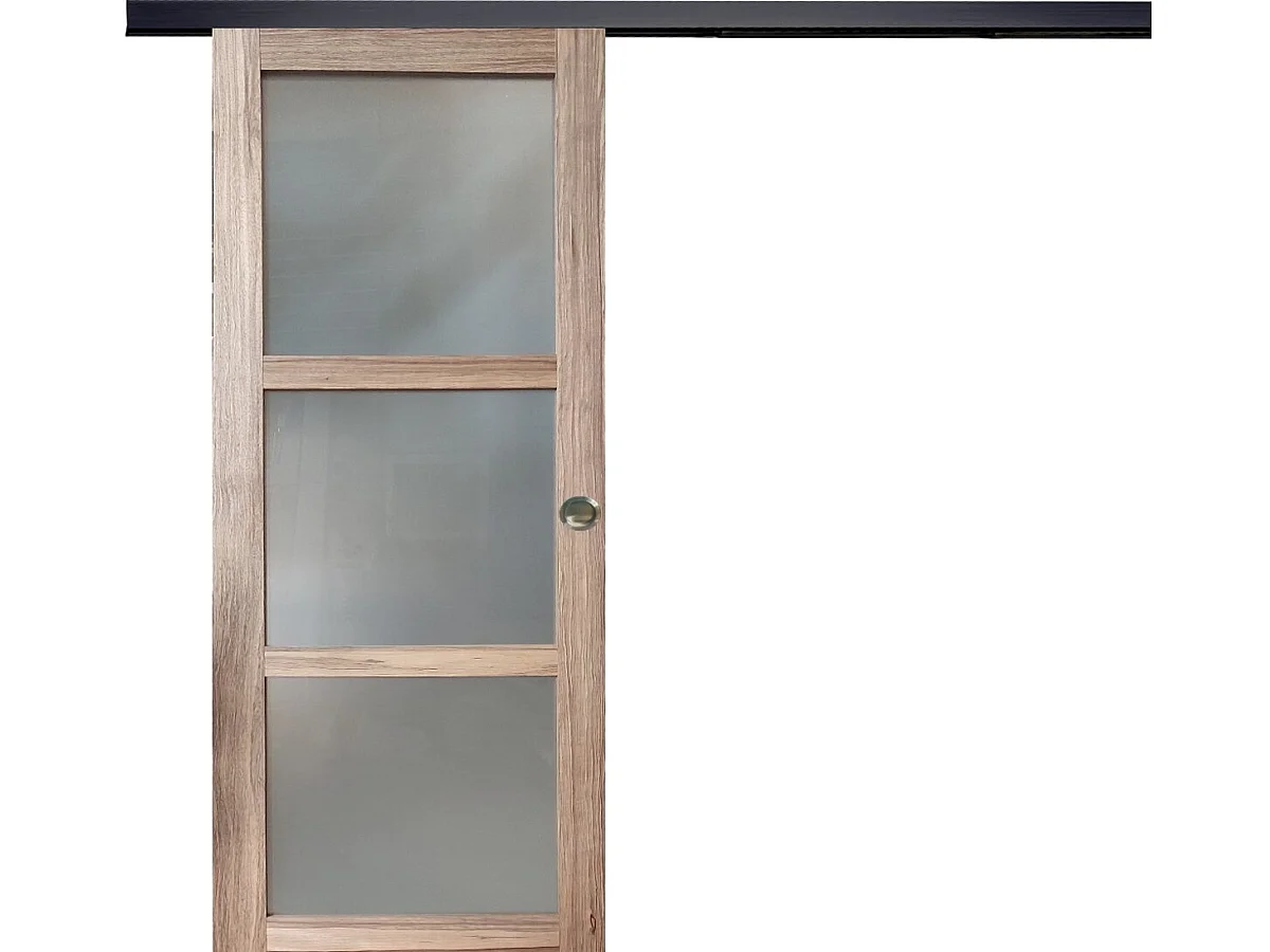 Porte Coulissante bois Frake Vitree H204 x L73 + rail bandeau noir et coquilles