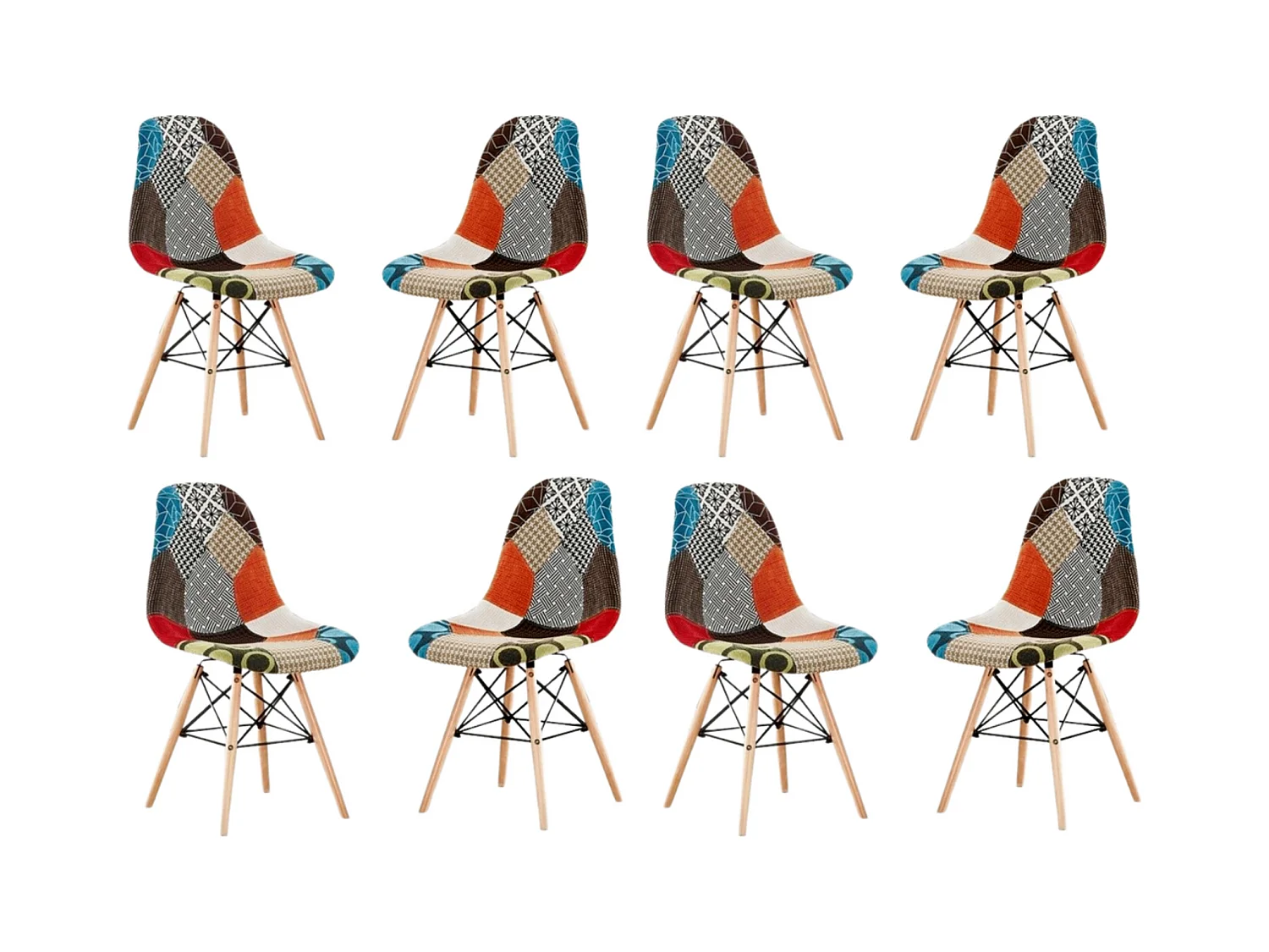 Lot de 8 chaises Moda patchwork Tulip - Tissu recouvert de pieds en bois - Multicolore