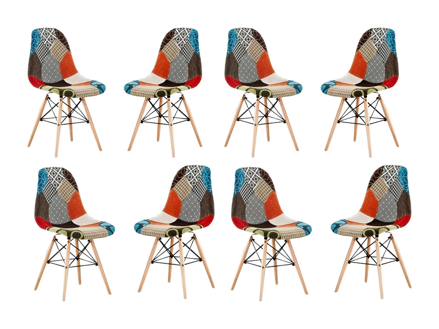 Set mit 8 Moda-Patchwork-Tulpenstühlen – Stoffbezug mit Holzbeinen – Mehrfarbig