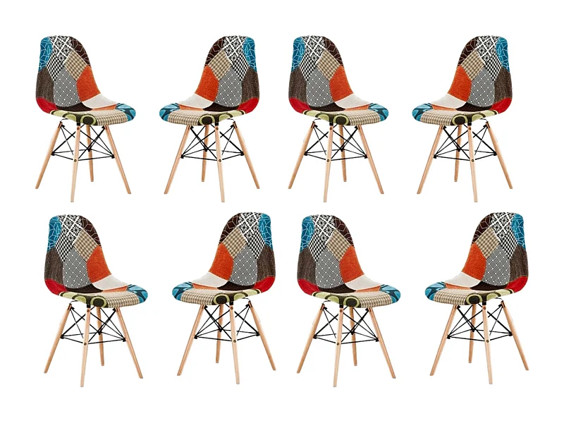 Lot de 8 chaises Moda patchwork Tulip - Tissu recouvert de pieds en bois - Multicolore
