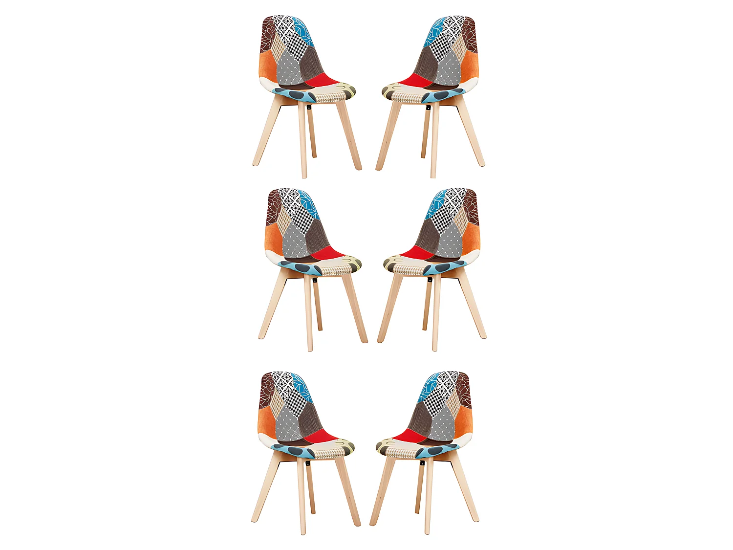 Lot de 6 chaises patchwork scandinave - Tissu recouvert de pieds en bois - Multicolore