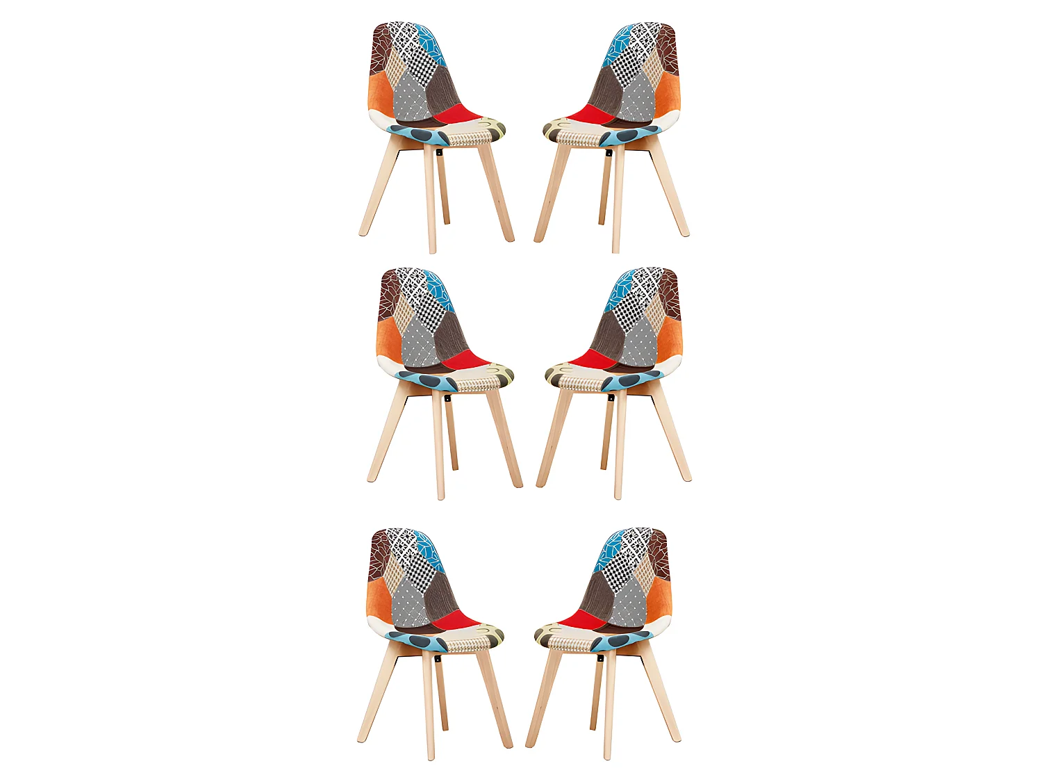 Set mit 6 skandinavischen-Patchwork-Stühlen – Stoffbezug mit Holzbeinen – Mehrfarbig
