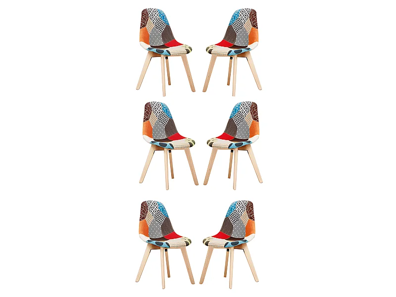 Set mit 6 skandinavischen-Patchwork-Stühlen – Stoffbezug mit Holzbeinen – Mehrfarbig