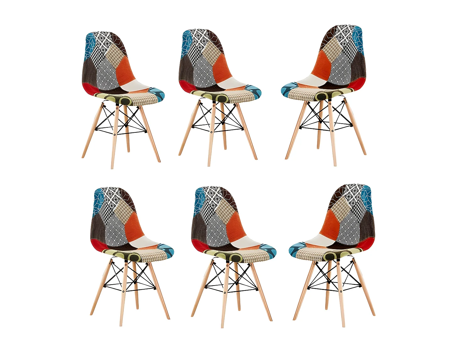 Lot de 6 chaises Moda patchwork Tulip - Tissu recouvert de pieds en bois - Multicolore