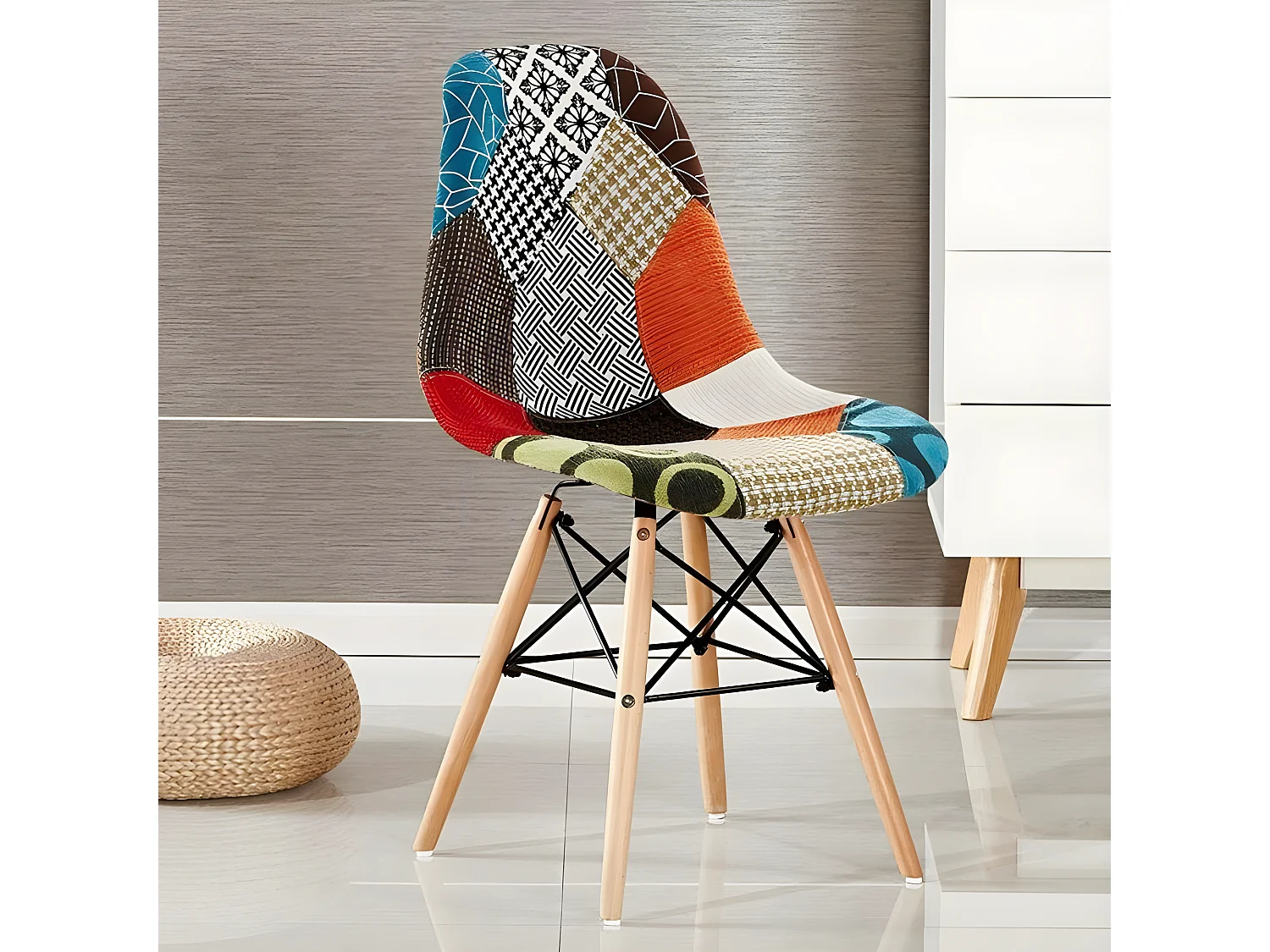 Lot de 6 chaises Moda patchwork Tulip - Tissu recouvert de pieds en bois - Multicolore