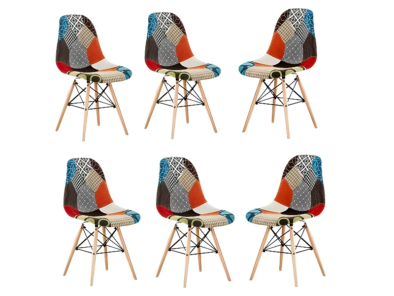Lot de 6 chaises Moda patchwork Tulip - Tissu recouvert de pieds en bois - Multicolore