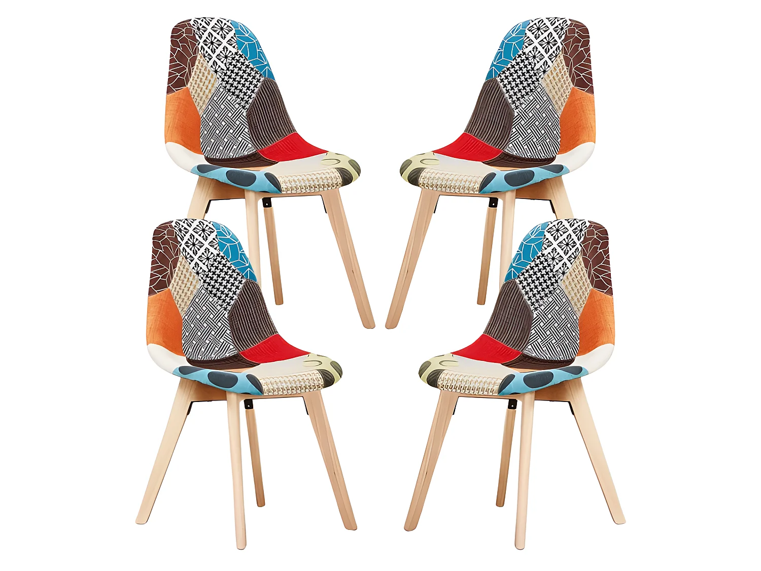 Set mit 4 skandinavischen-Patchwork-Stühlen – Stoffbezug mit Holzbeinen – Mehrfarbig