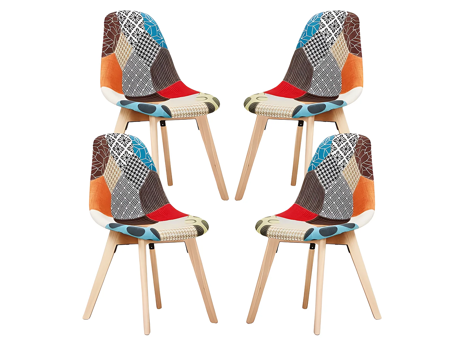 Set mit 4 skandinavischen-Patchwork-Stühlen – Stoffbezug mit Holzbeinen – Mehrfarbig