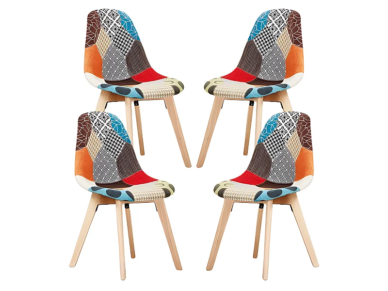 Set mit 4 skandinavischen-Patchwork-Stühlen – Stoffbezug mit Holzbeinen – Mehrfarbig