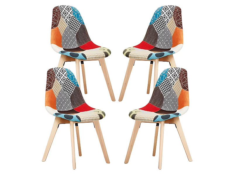 Set mit 4 skandinavischen-Patchwork-Stühlen – Stoffbezug mit Holzbeinen – Mehrfarbig