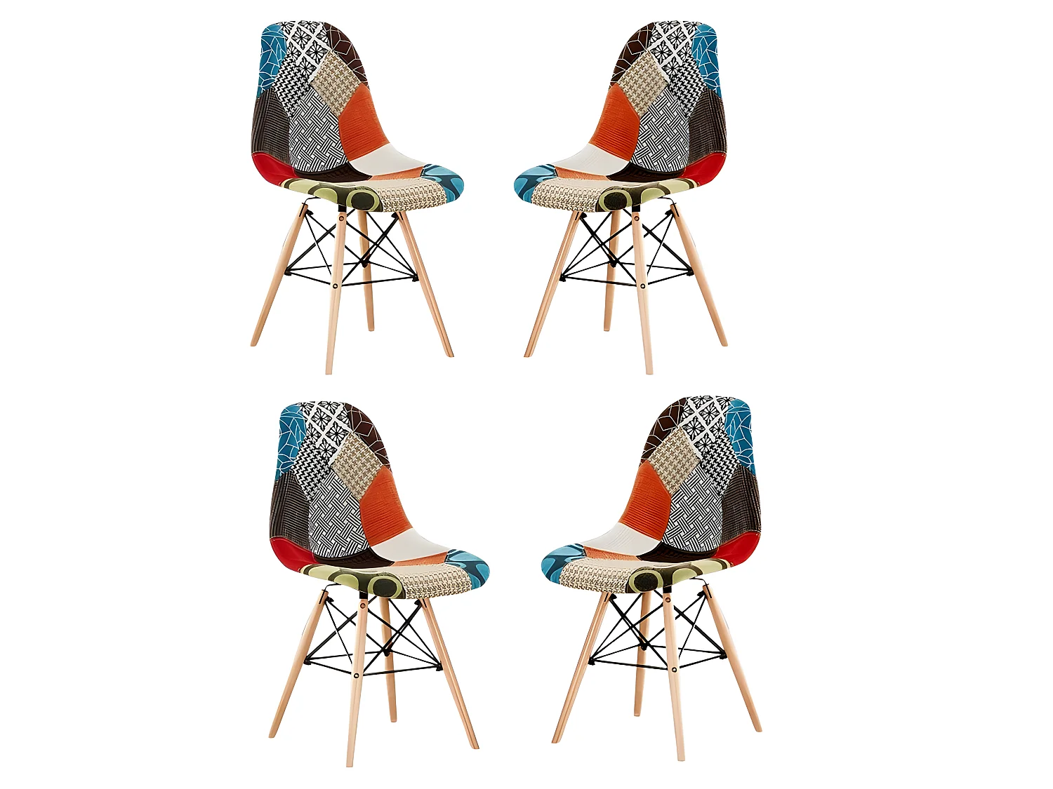 Lot de 4 chaises Moda patchwork Tulip - Tissu recouvert de pieds en bois - Multicolore