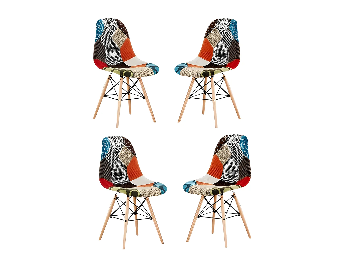 Lot de 4 chaises Moda patchwork Tulip - Tissu recouvert de pieds en bois - Multicolore