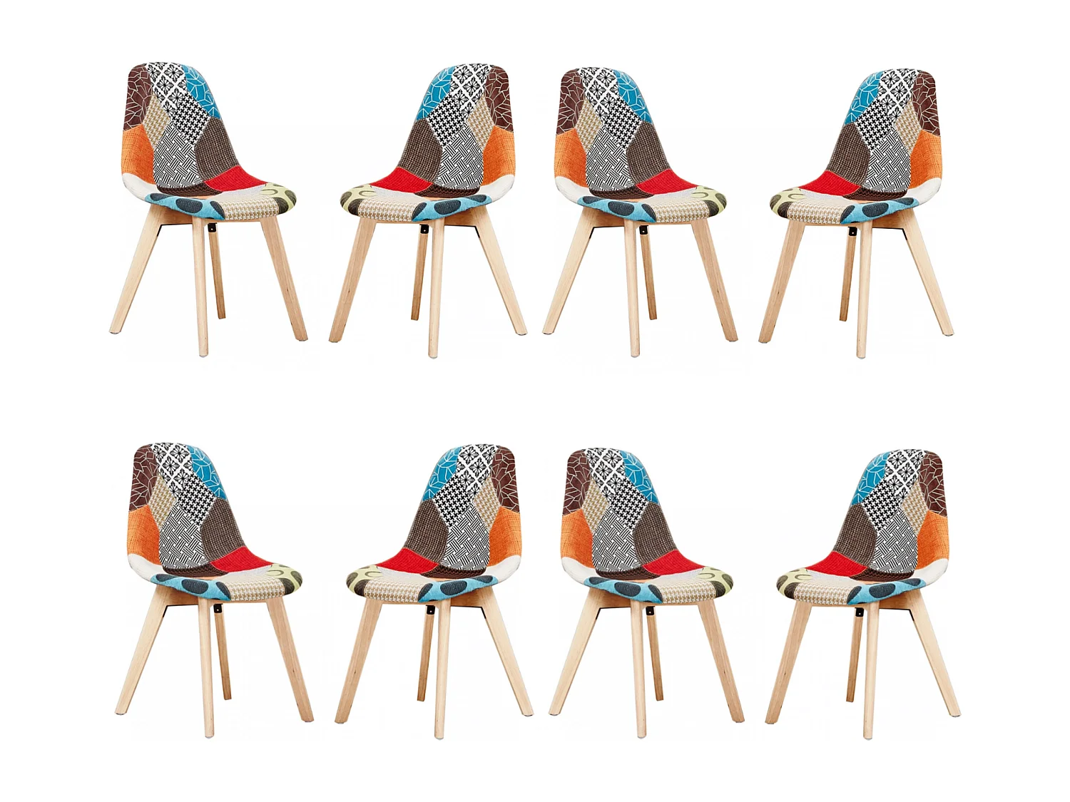 Set mit 8 skandinavischen-Patchwork-Stühlen – stoffbezogene Holzbeine – mehrfarbig
