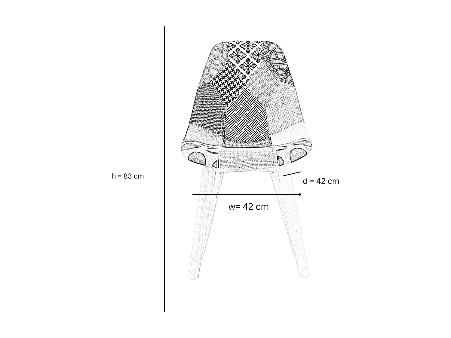 Set mit 8 skandinavischen-Patchwork-Stühlen – stoffbezogene Holzbeine – mehrfarbig