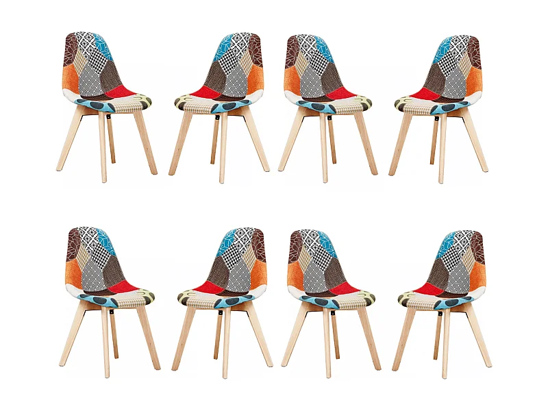 Set mit 8 skandinavischen-Patchwork-Stühlen – stoffbezogene Holzbeine – mehrfarbig