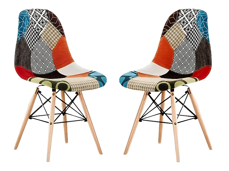 Lot de 2 chaises Moda patchwork Tulip - Tissu recouvert de pieds en bois - Multicolore