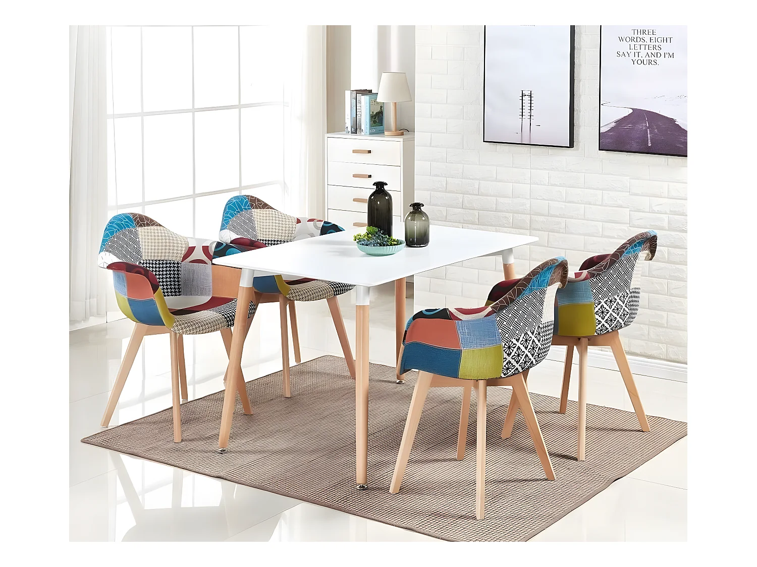 Lot de 6 fauteuils patchwork scandinave Tub - Tissu recouvert de pieds en bois - Multicolore