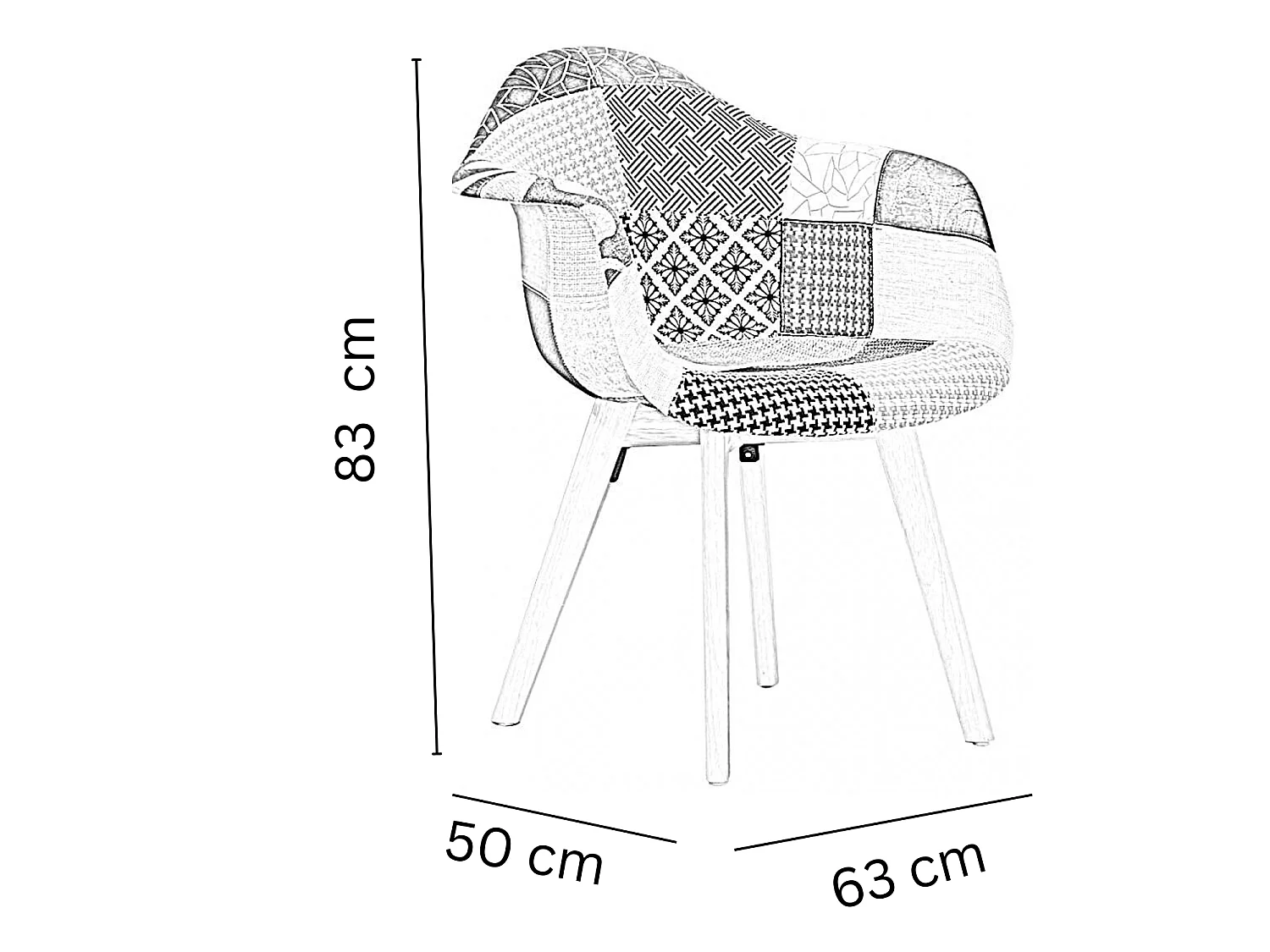 Set mit 6 skandinavischen Patchwork-Wannensesseln – stoffbezogene Holzbeine – mehrfarbig