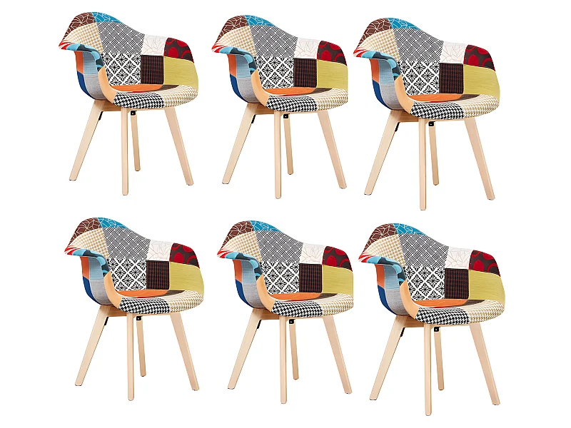 Lot de 6 fauteuils patchwork scandinave Tub - Tissu recouvert de pieds en bois - Multicolore