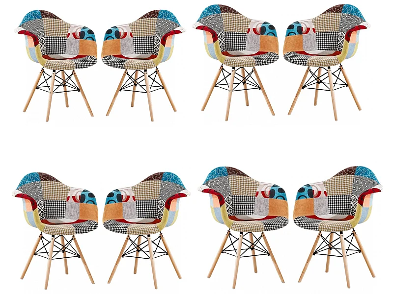 Ensemble de 8 fauteuils Moda patchwork Tub - Tissu recouvert de pieds en bois - Multicolore