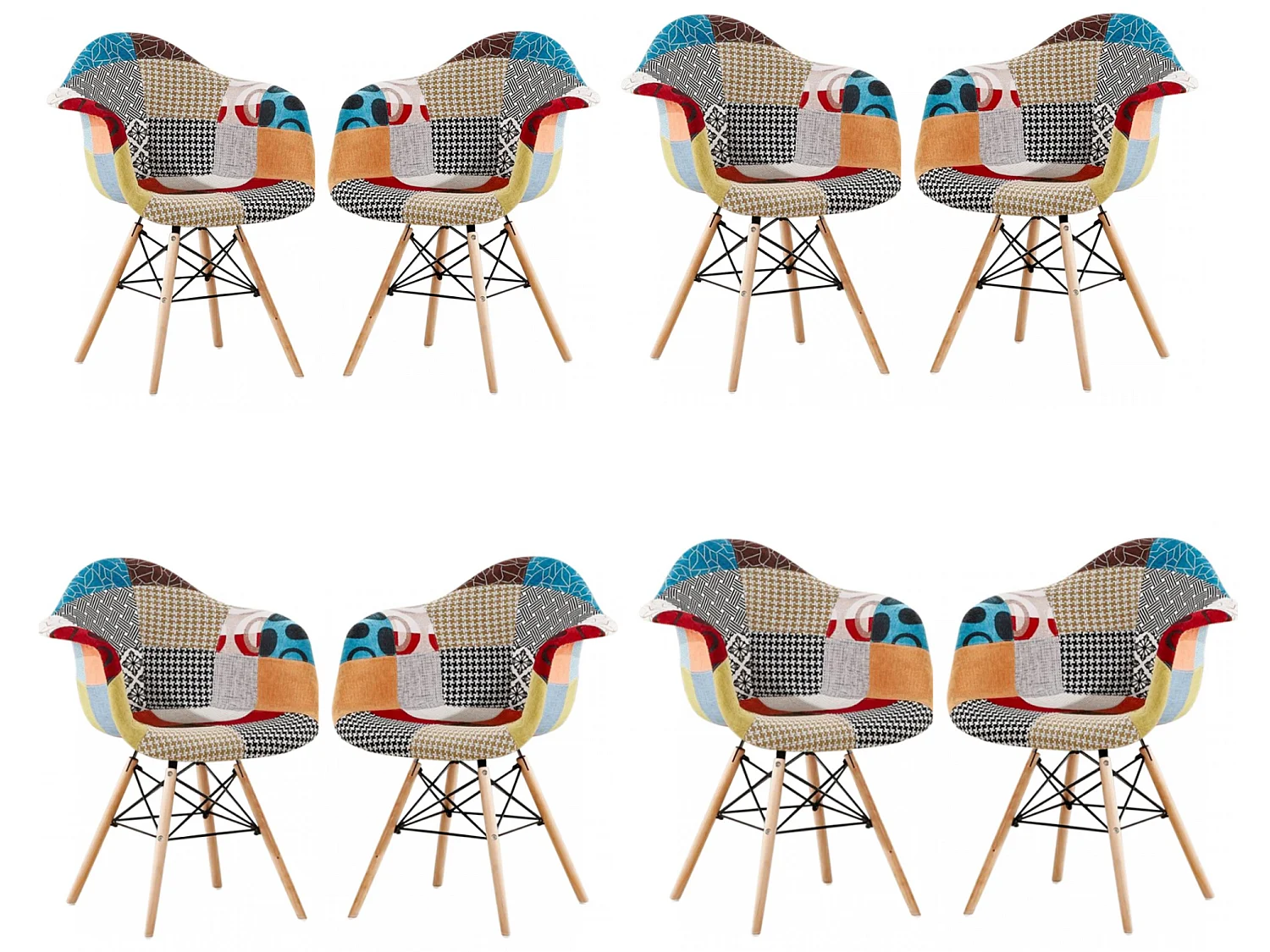 Ensemble de 8 fauteuils Moda patchwork Tub - Tissu recouvert de pieds en bois - Multicolore