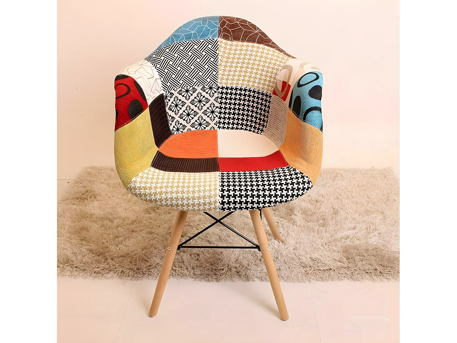 Ensemble de 8 fauteuils Moda patchwork Tub - Tissu recouvert de pieds en bois - Multicolore