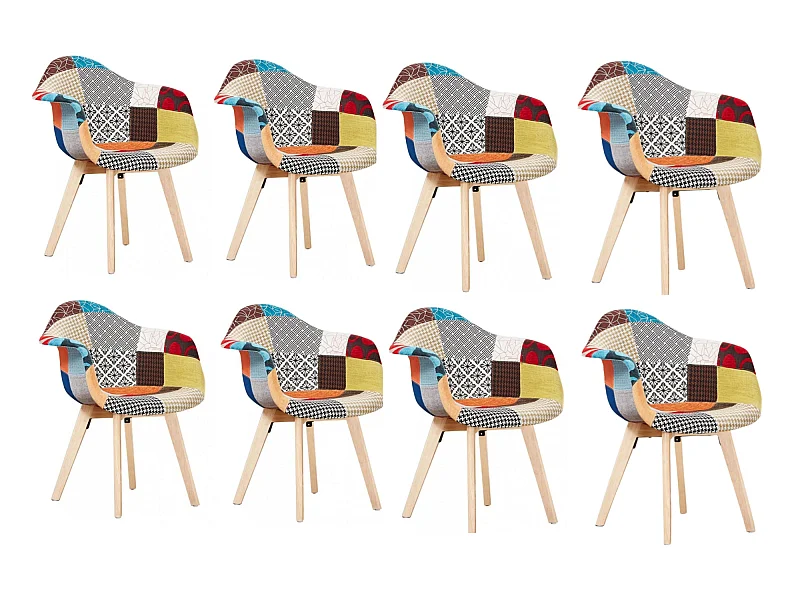 Lot de 8 fauteuils patchwork scandinave Tub - Tissu recouvert de pieds en bois - Multicolore