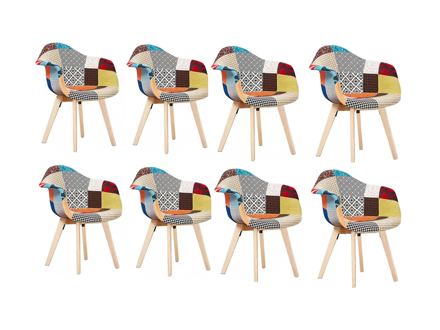 Lot de 8 fauteuils patchwork scandinave Tub - Tissu recouvert de pieds en bois - Multicolore
