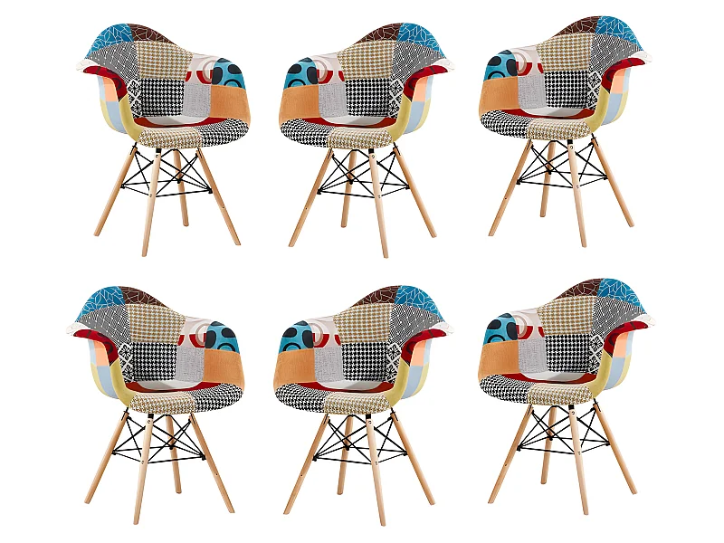 Set mit 6 Moda-Patchwork-Wannensesseln – Stoffbezug mit Holzbeinen – Mehrfarbig