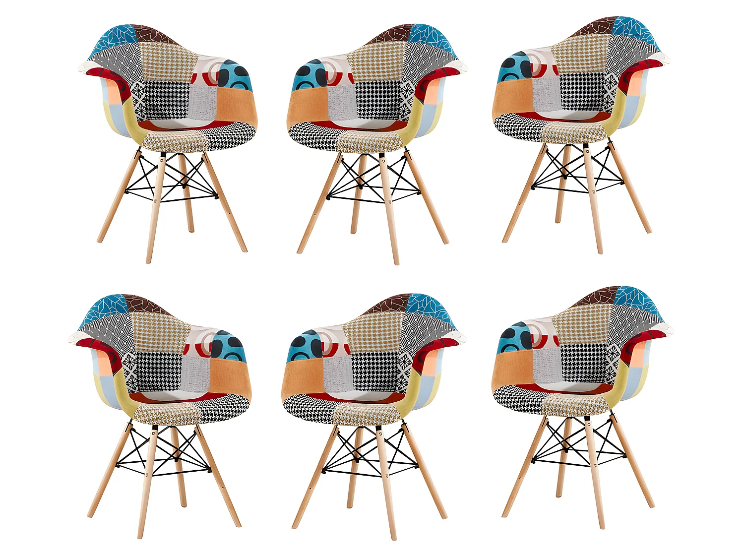 Ensemble de 6 fauteuils Moda patchwork Tub - Tissu recouvert de pieds en bois - Multicolore