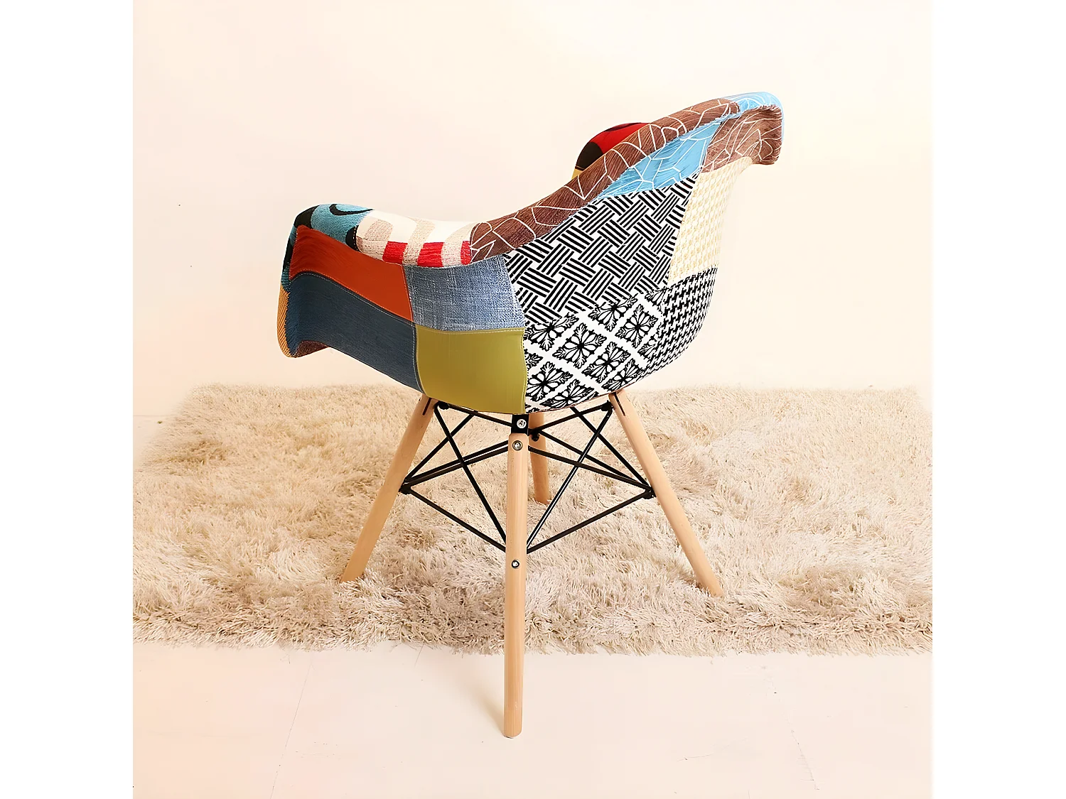 Ensemble de 6 fauteuils Moda patchwork Tub - Tissu recouvert de pieds en bois - Multicolore