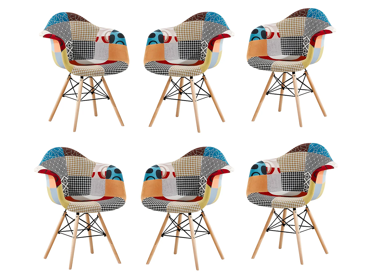 Set mit 6 Moda-Patchwork-Wannensesseln – Stoffbezug mit Holzbeinen – Mehrfarbig