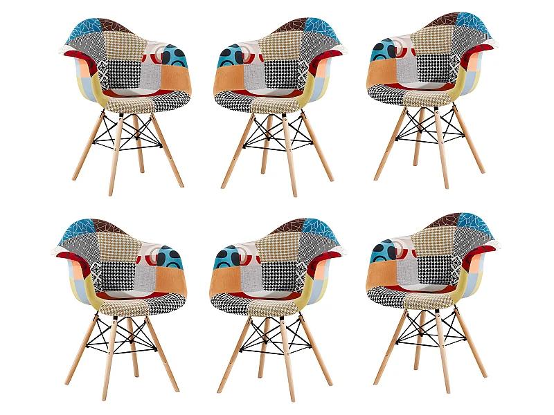 Set mit 6 Moda-Patchwork-Wannensesseln – Stoffbezug mit Holzbeinen – Mehrfarbig