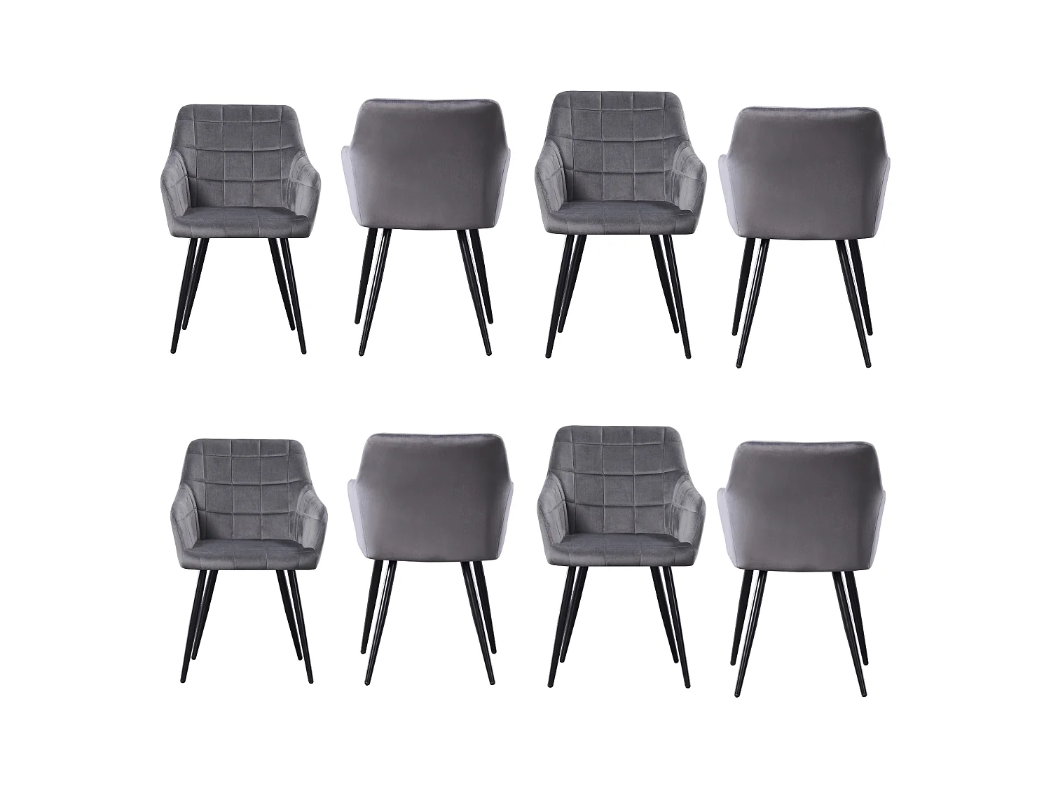 Ensemble de 8 chaises de salle à manger Camden - Tapissées de velours avec pieds en métal - Gris foncé