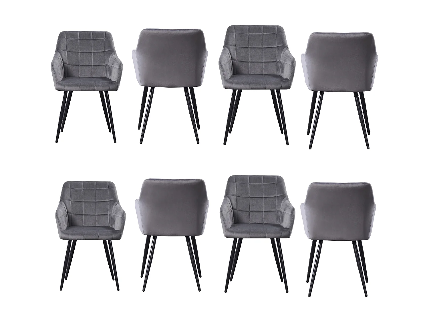 Ensemble de 8 chaises de salle à manger Camden - Tapissées de velours avec pieds en métal - Gris foncé